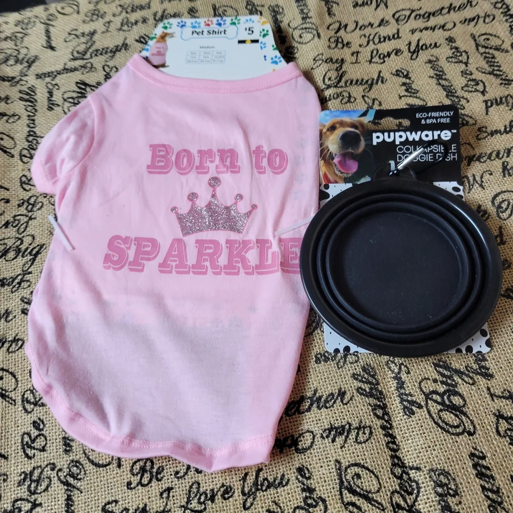 Pupware portable, collapsable dog dish, medium dog shirt-pink/black